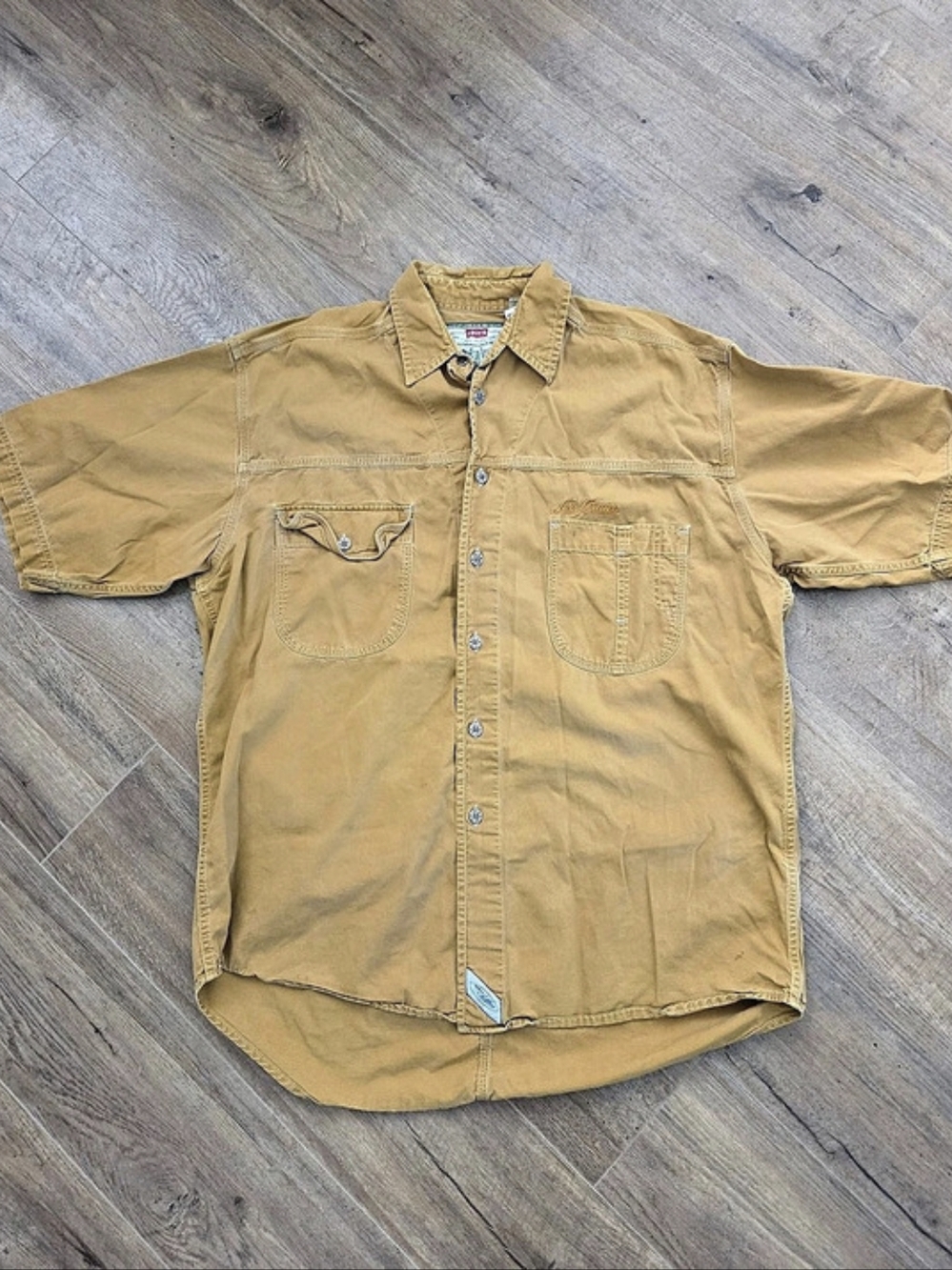 Vintage Levis Short Sleeve Work Shirt Mens M Tan/gold Canvas Heavyweight Utility